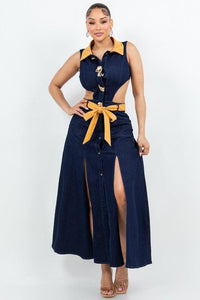 Denim Maxi Dress with Slits open waist PRIVILEGE