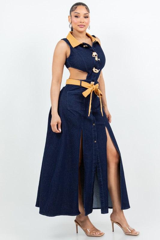 Denim Maxi Dress with Slits open waist PRIVILEGE
