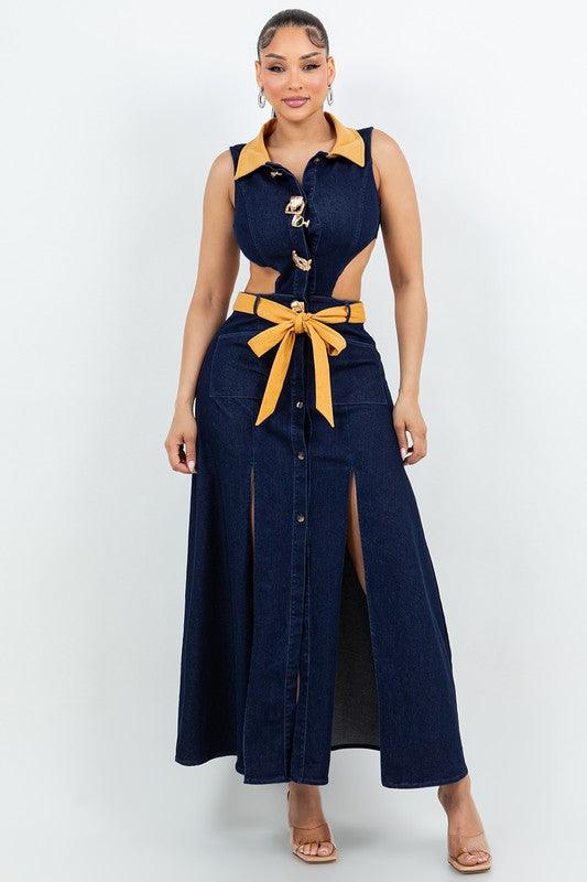 Denim Maxi Dress with Slits open waist PRIVILEGE