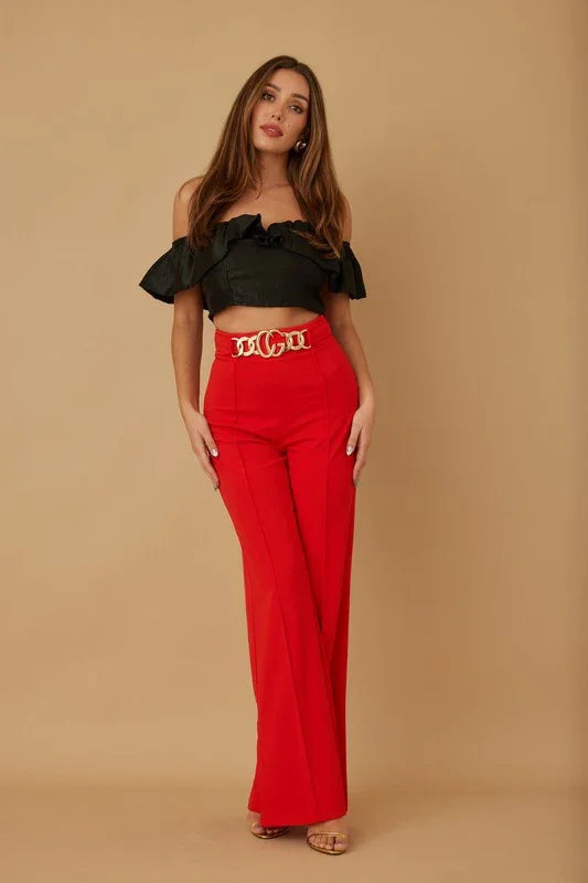 High Waist Buckle Hardware Detailed Fashion Pants PRIVILEGE