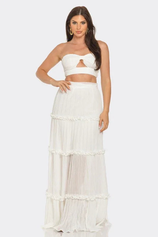 2pc Silk Pleated Small Flower Dividing Maxi Skirt set PRIVILEGE