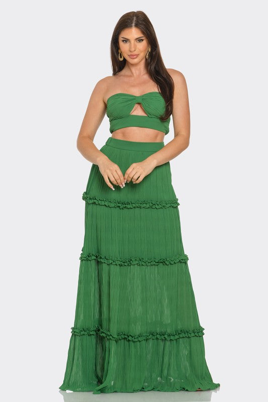 2pc Silk Pleated Small Flower Dividing Maxi Skirt set