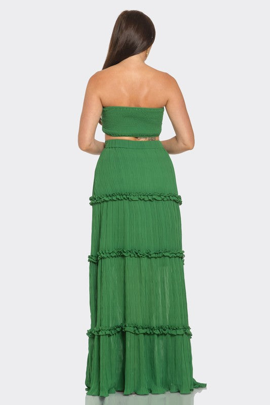 2pc Silk Pleated Small Flower Dividing Maxi Skirt set