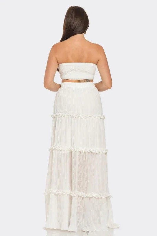 2pc Silk Pleated Small Flower Dividing Maxi Skirt set PRIVILEGE