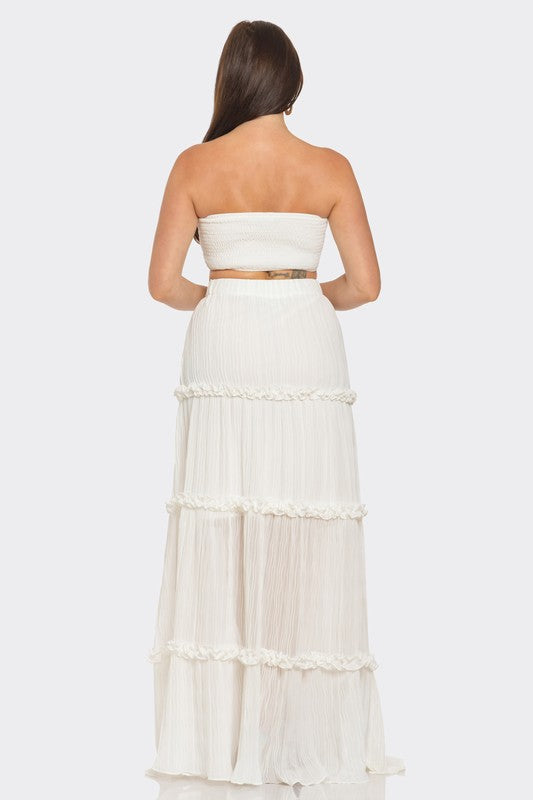 2pc Silk Pleated Small Flower Dividing Maxi Skirt set