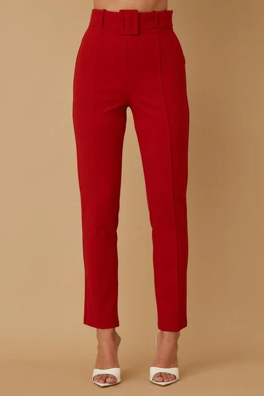 Skinny Leg Dress Pants with Belt Detail