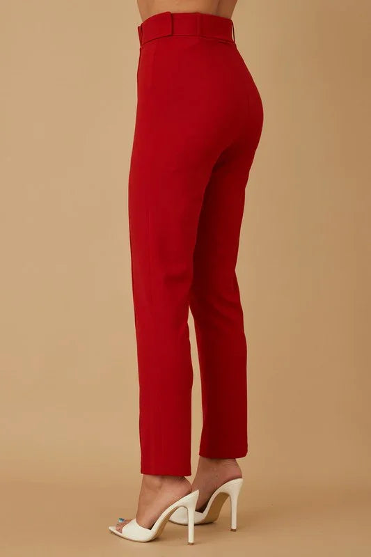 Skinny Leg Dress Pants with Belt Detail