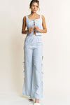 Striped Eyelet Lace Up Top And Tie Pants Set