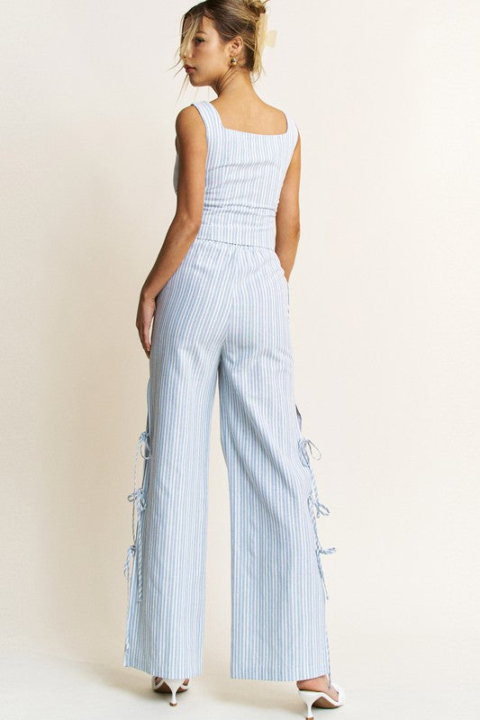 Striped Eyelet Lace Up Top And Tie Pants Set