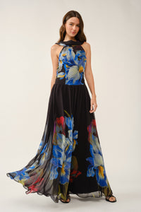 Blue Iris Cowl-back Chiffon Maxi Dress