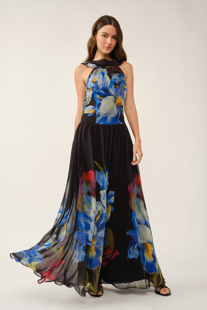 Blue Iris Cowl-back Chiffon Maxi Dress