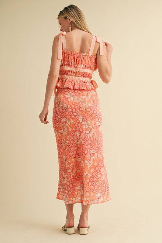 EXCLUSIVE FLORAL TOP AND MIDI SKIRT SET