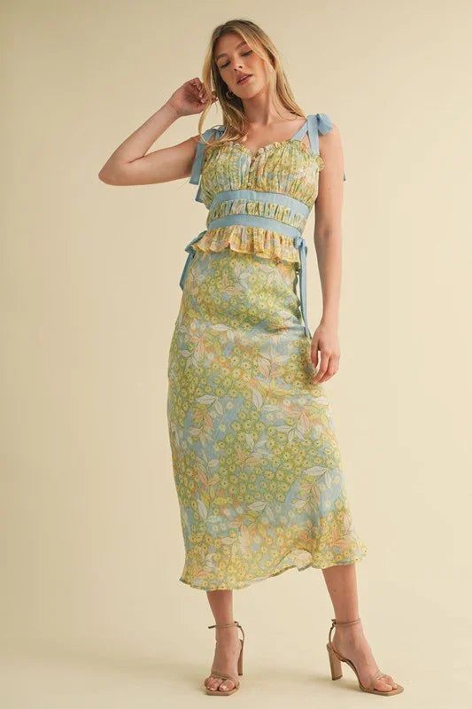 EXCLUSIVE FLORAL TOP AND MIDI SKIRT SET PRIVILEGE