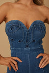 DENIM SWIRL SWEETHEART  FLARE JUMPSUIT