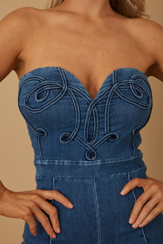 DENIM SWIRL SWEETHEART  FLARE JUMPSUIT