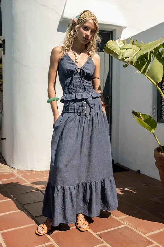 Denim Blue Maxi Ruffle Skirt and ruffle top set PRIVILEGE
