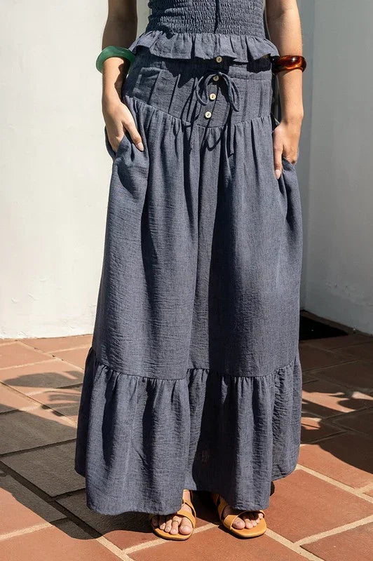Denim Blue Maxi Ruffle Skirt and ruffle top set PRIVILEGE