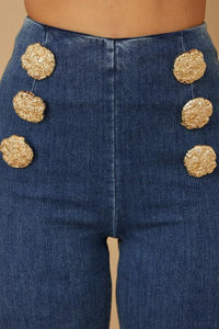 High Waist Washed Denim Pants with Gold Buttons PRIVILEGE