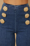 High Waist Washed Denim Pants with Gold Buttons