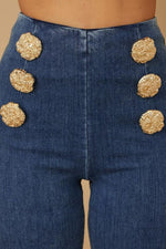 High Waist Washed Denim Pants with Gold Buttons