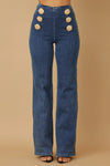 High Waist Washed Denim Pants with Gold Buttons