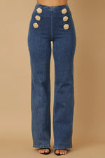 High Waist Washed Denim Pants with Gold Buttons