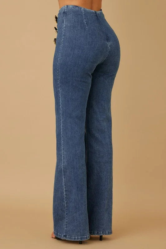 High Waist Washed Denim Pants with Gold Buttons PRIVILEGE