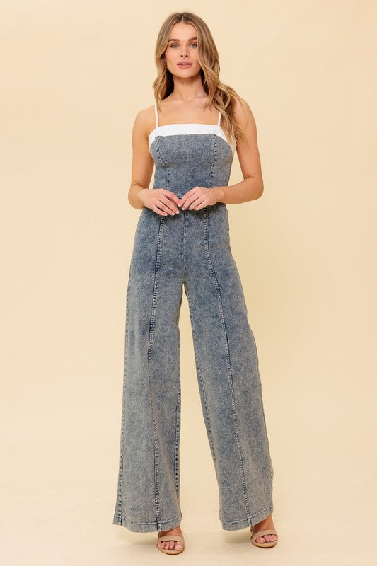 WIDE LEG ACID WASH JUMPSUIT