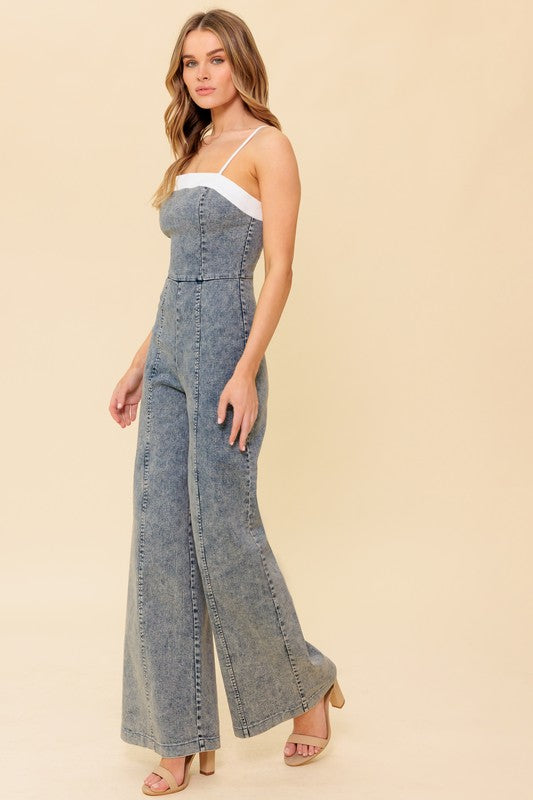 WIDE LEG ACID WASH JUMPSUIT