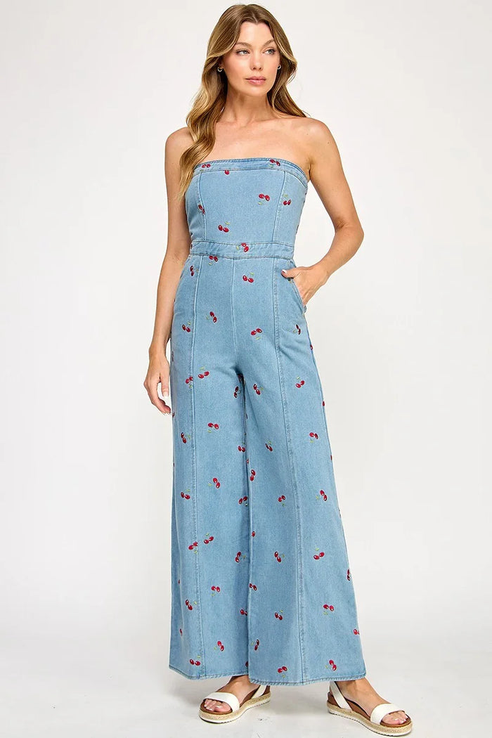 Denim Tube Jumpsuit With Cherry Print