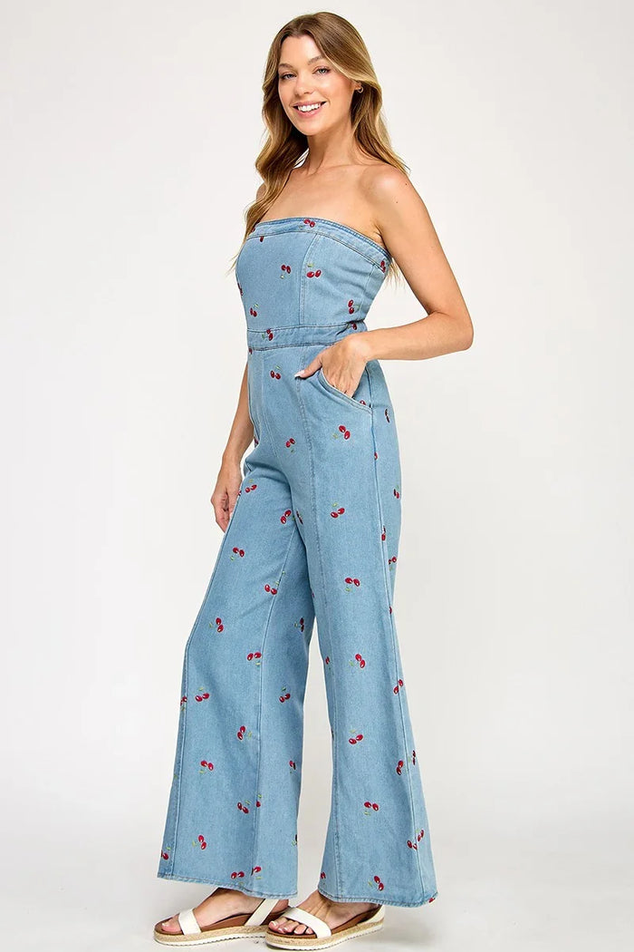 Denim Tube Jumpsuit With Cherry Print