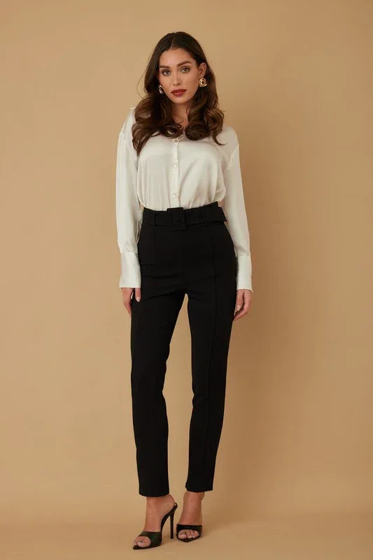 Skinny Leg Dress Pants with Belt Detail