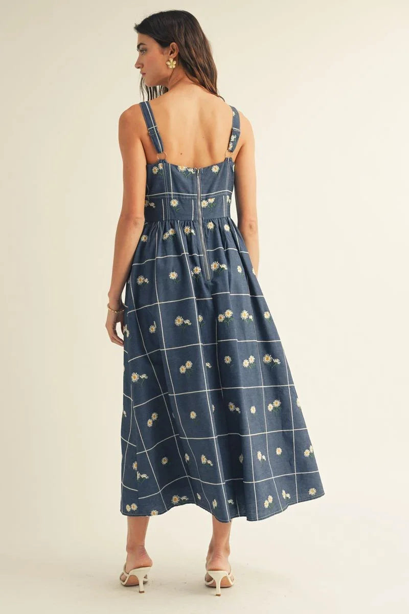 Square Neck Floral Embossed Detail Midi Dress