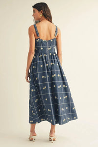Square Neck Floral Embossed Detail Midi Dress