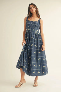 Square Neck Floral Embossed Detail Midi Dress