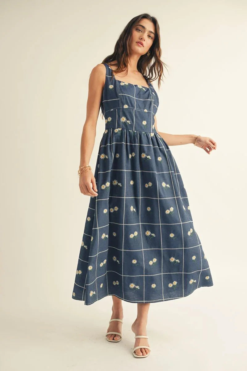 Square Neck Floral Embossed Detail Midi Dress