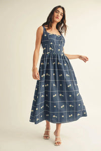 Square Neck Floral Embossed Detail Midi Dress
