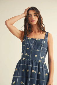 Square Neck Floral Embossed Detail Midi Dress