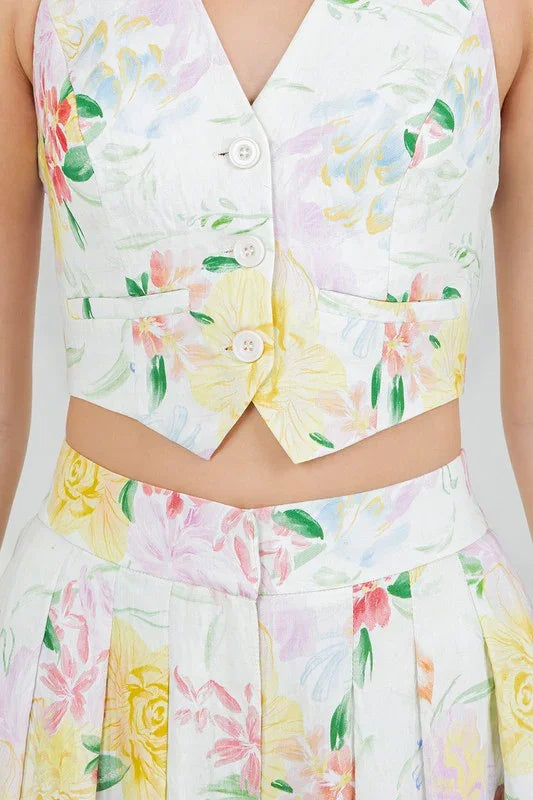 Floral Halter Cropped Vest And Wide Leg Pants Set