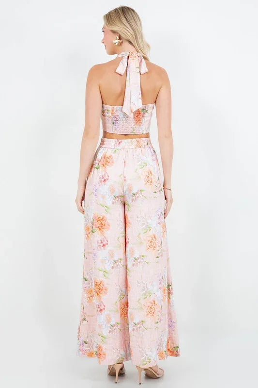 Floral Halter Cropped Vest And Wide Leg Pants Set