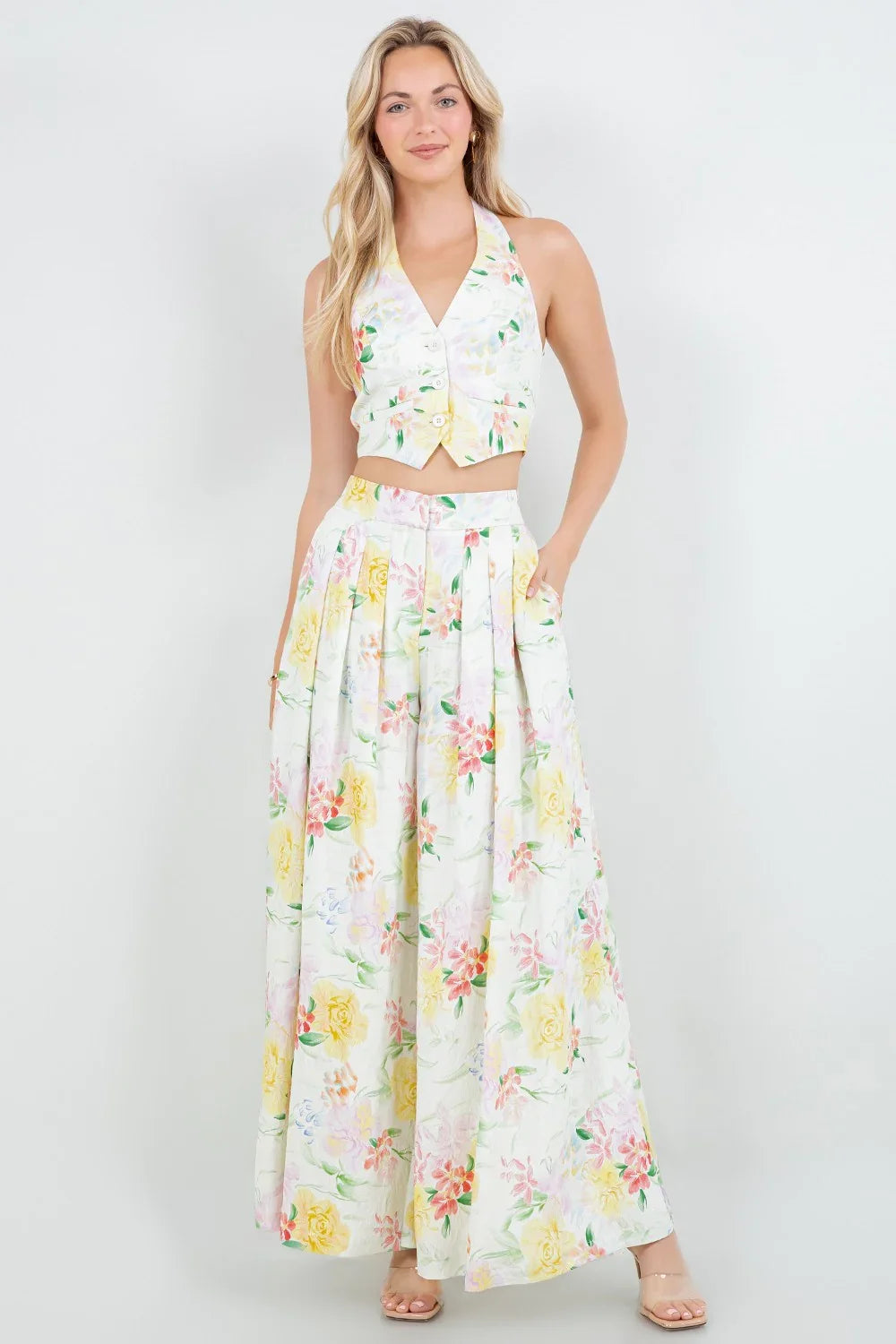 Floral Halter Cropped Vest And Wide Leg Pants Set