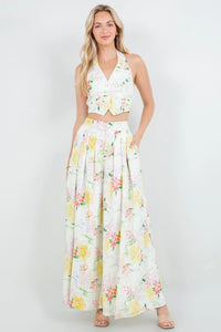 Floral Halter Cropped Vest And Wide Leg Pants Set