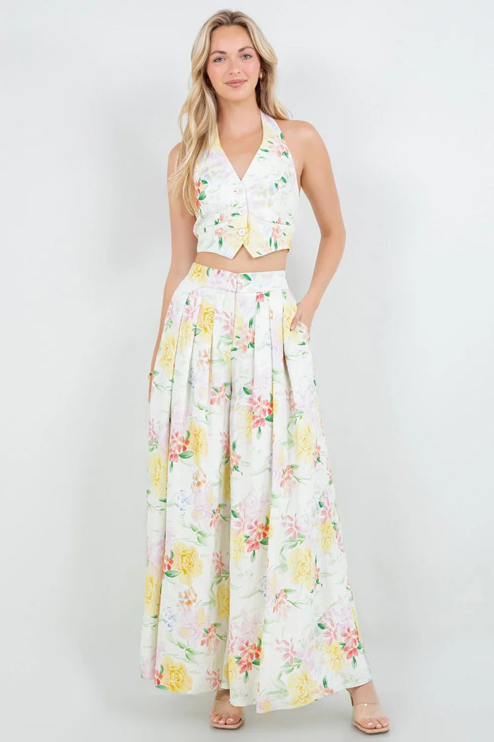 Floral Halter Cropped Vest And Wide Leg Pants Set