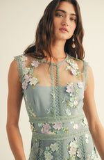 3d Floral Emboidered Godet Panels Midi Dress
