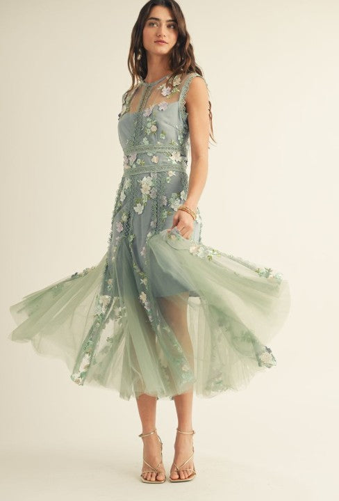 3d Floral Emboidered Godet Panels Midi Dress