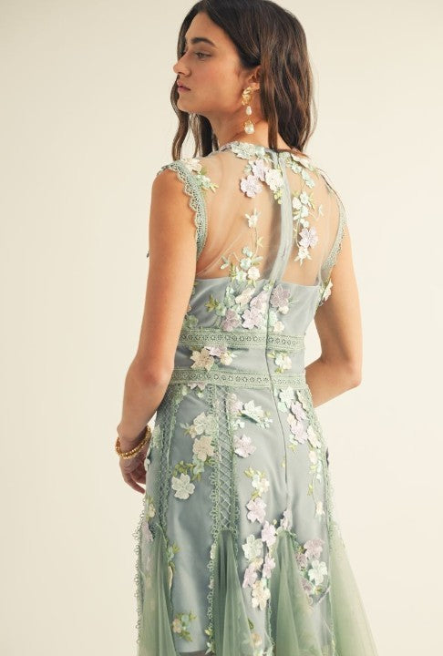 3d Floral Emboidered Godet Panels Midi Dress