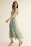 3d Floral Emboidered Godet Panels Midi Dress