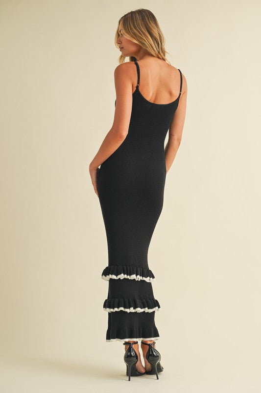 CONTRAST RUFFLED BOTTOM KNIT MAXI DRESS