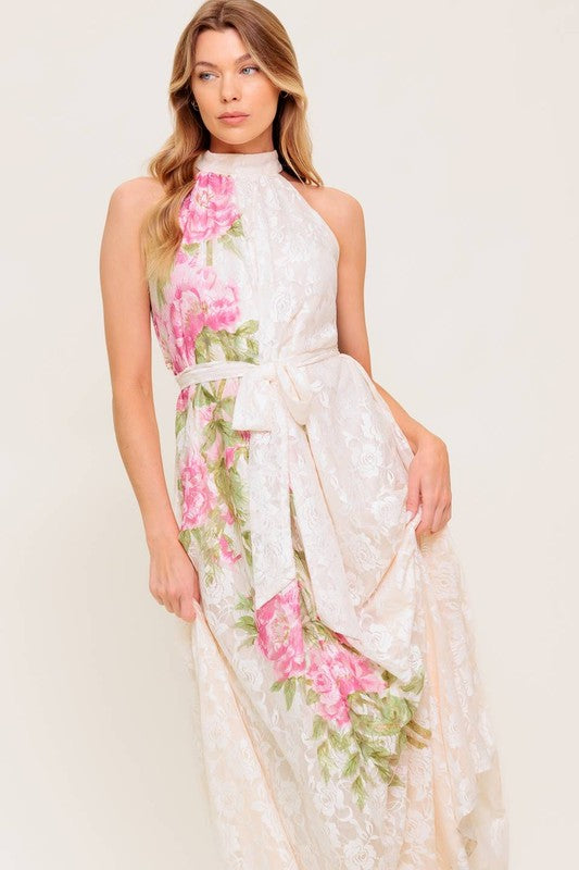 FLORAL WHITE  HALTER LACE DRESS
