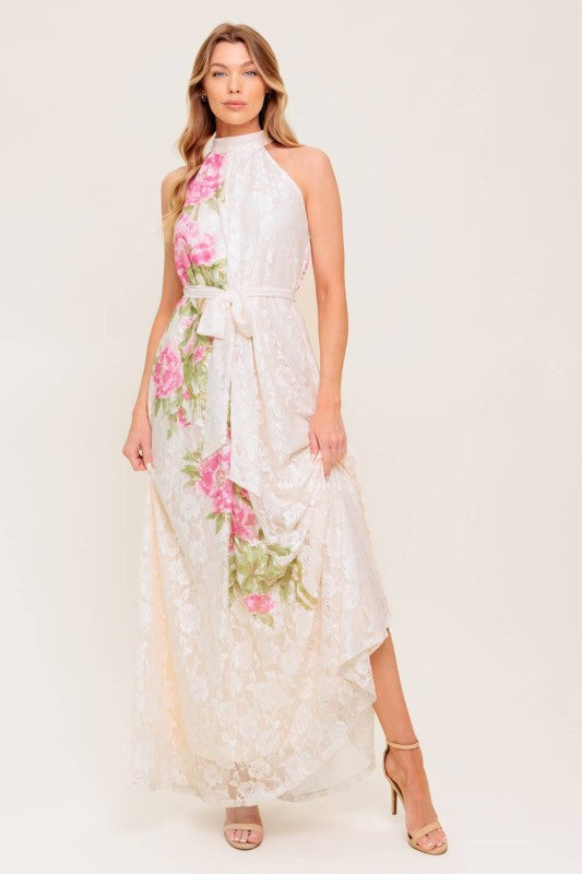 FLORAL WHITE  HALTER LACE DRESS